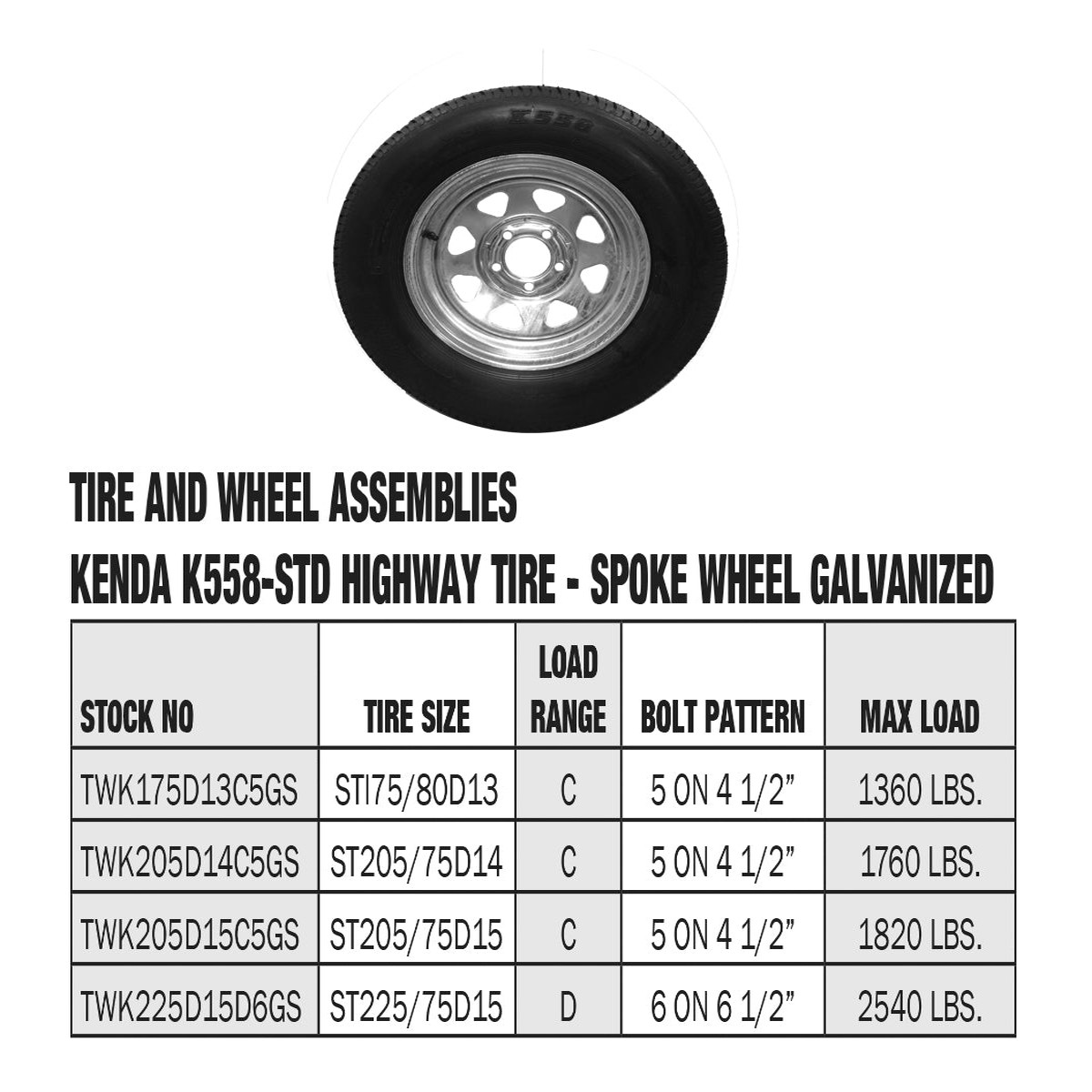 Complete Trailer Rim Kenda spoke Galv *