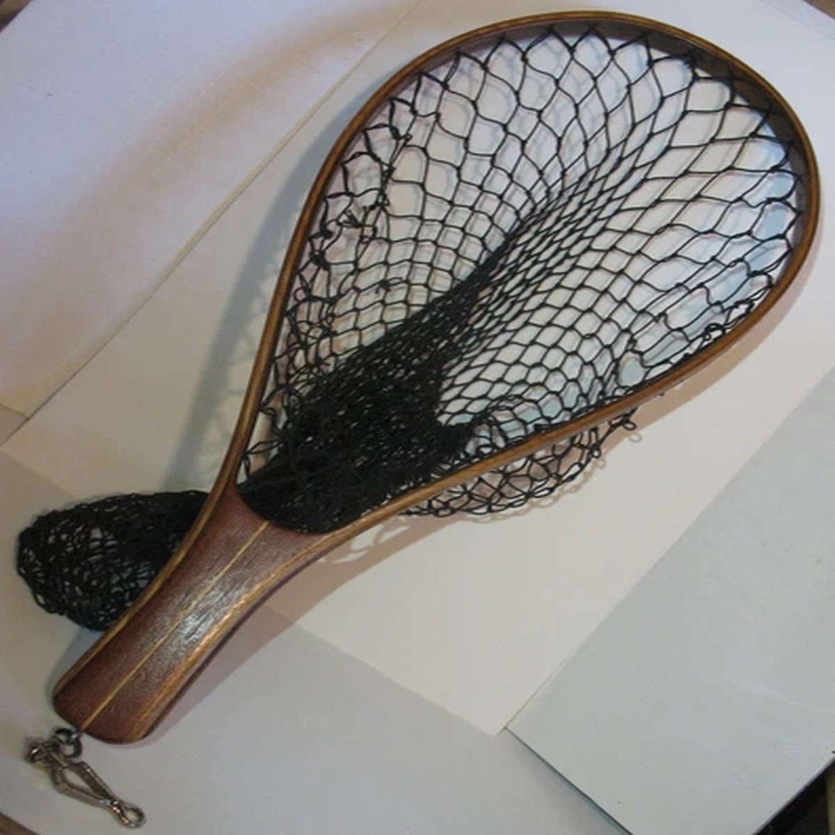 '30sHandmade Laminated Wood Trout Angler Handwoven ishing Net Clip Marked HS 50